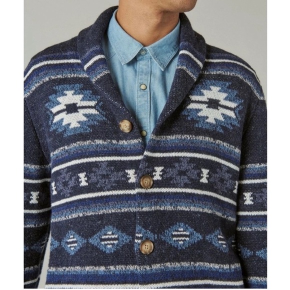 Lucky Brand Legacy Shawl Collar Button Front Cardigan Blue Aztec Print Size M - Picture 11 of 12